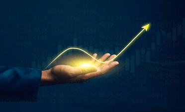 A hand with a gold glow in the palm, featuring an arrow that goes up, then down, and climbs back up like a stock chart, representing the importance of financial goals.