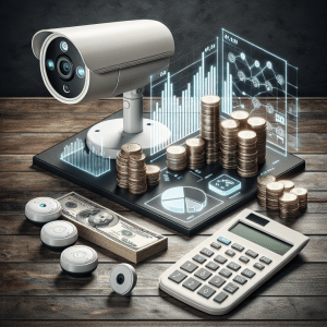 Home security systems with a stack of coins on a table representing budgeting for home security, cost-benefit analysis, and smart home security.